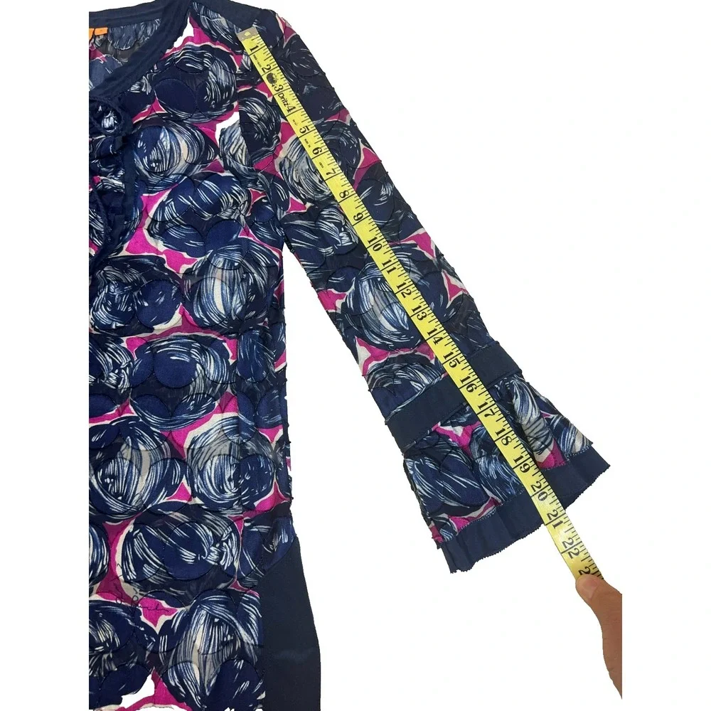 Tory Burch‎ Silk Blend Tunic Top Navy + Orchid Circle Print Keyhole Neck SZ S
